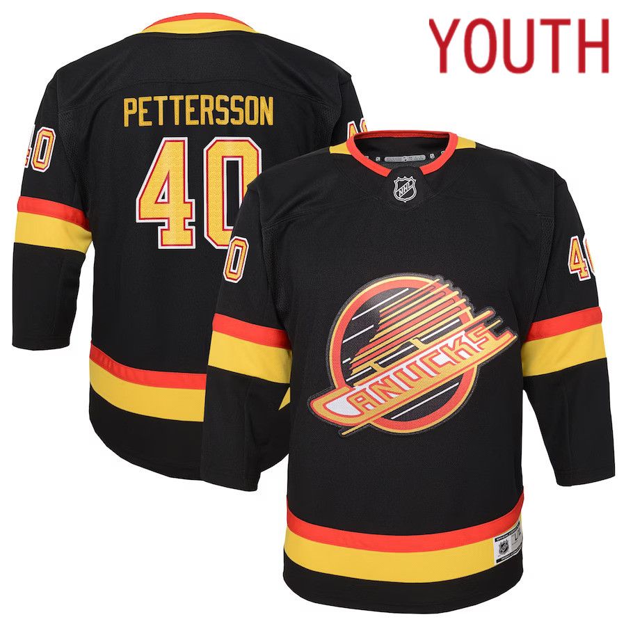 Youth Vancouver Canucks 40 Elias Pettersson Black Flying Skate Premier Player NHL Jersey